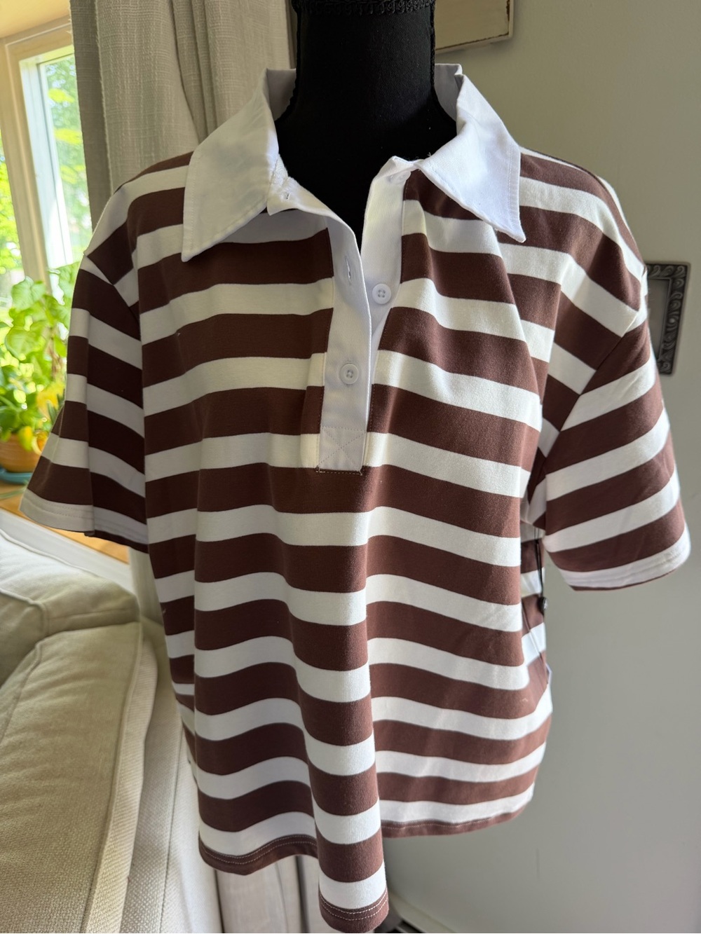 Striped Polo Tunic in Brown & White